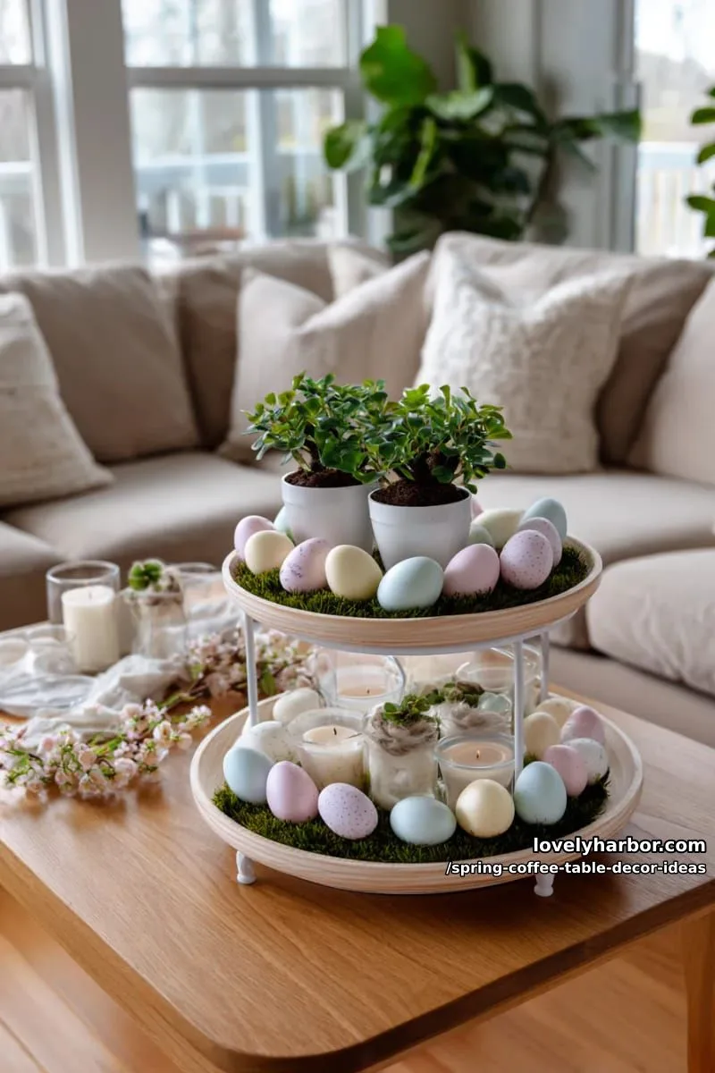stylish tiered tray featuring pastel eggs, mini potted plants, and candles 1