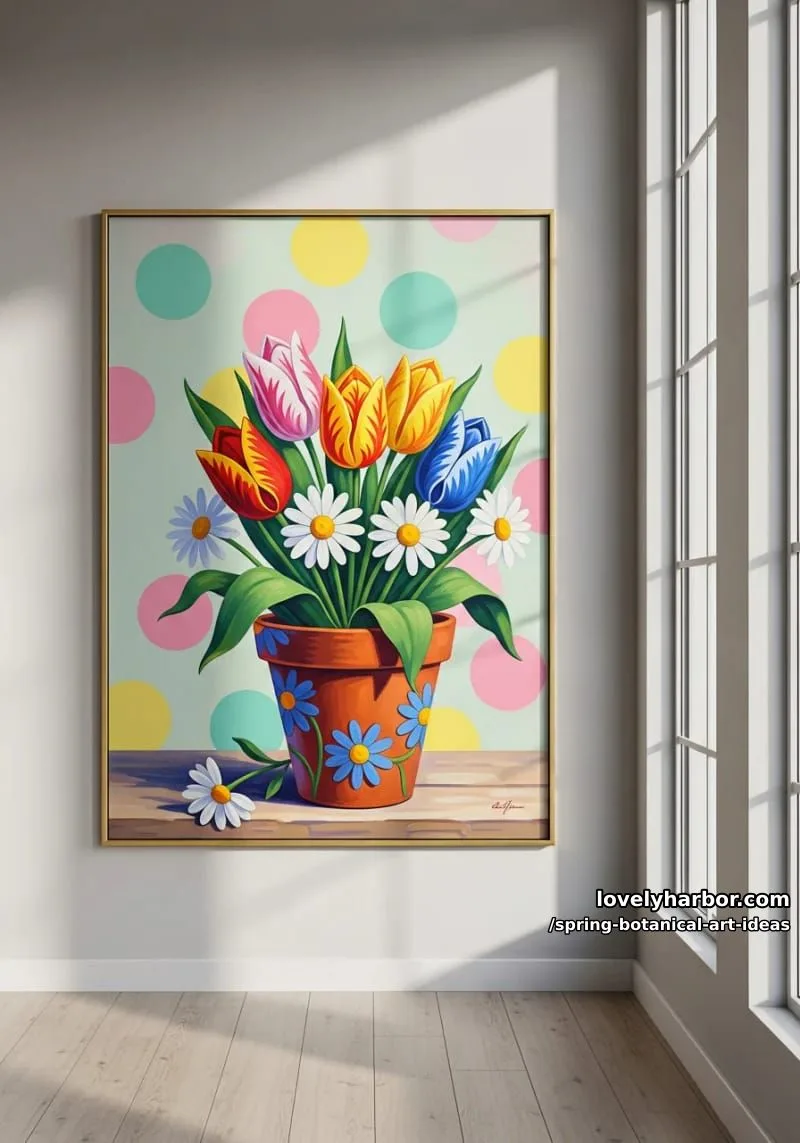 stylized flower pot painting with whimsical polka dot backgrounds 1