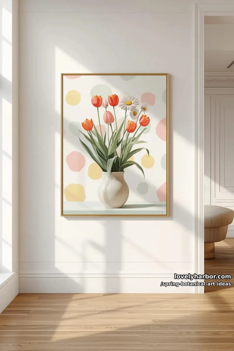 stylized flower pot painting with whimsical polka dot backgrounds 1