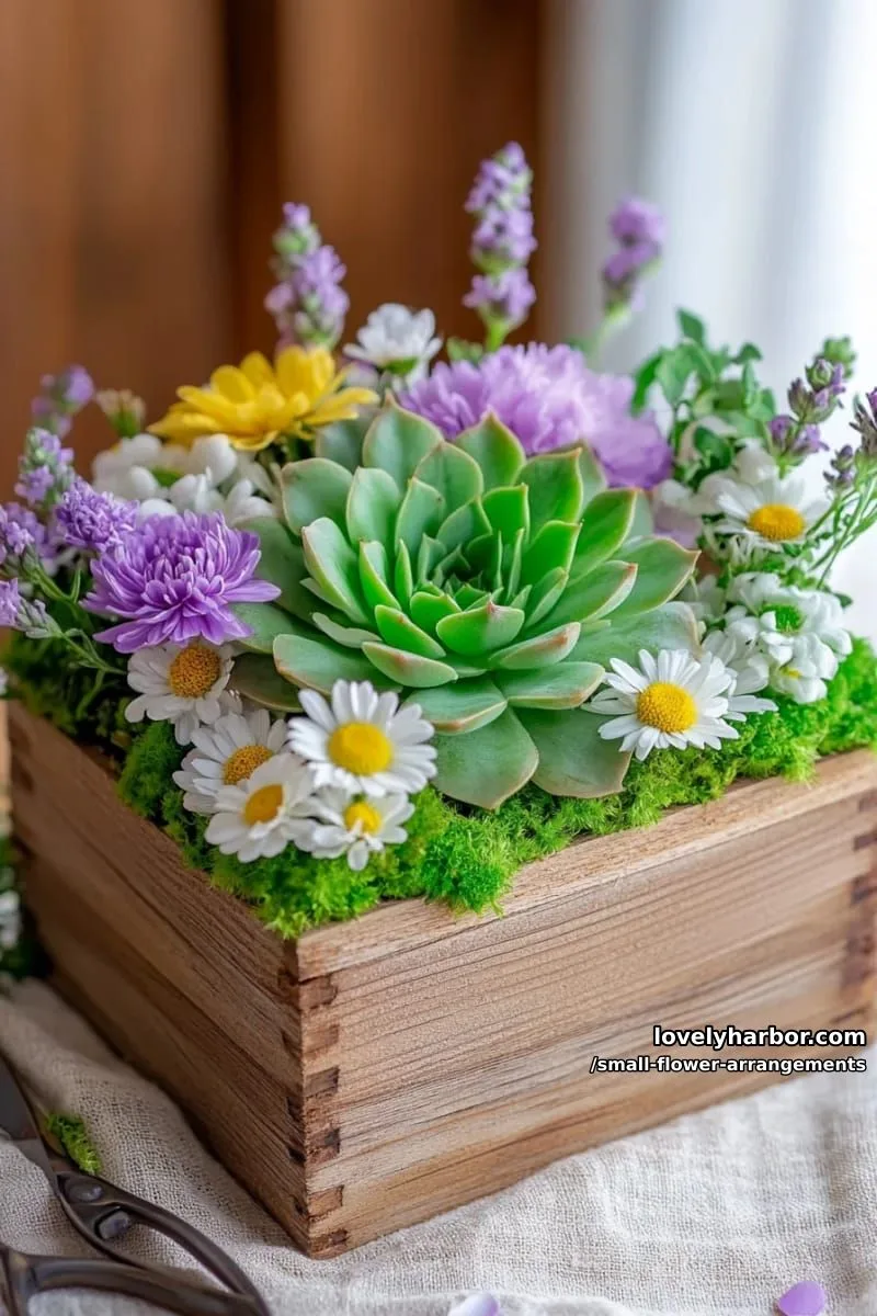 19 Classy Small Flower Arrangements to Cheer You Up in Spring 11 succulent and wildflower pairing inside a rustic wooden box 1