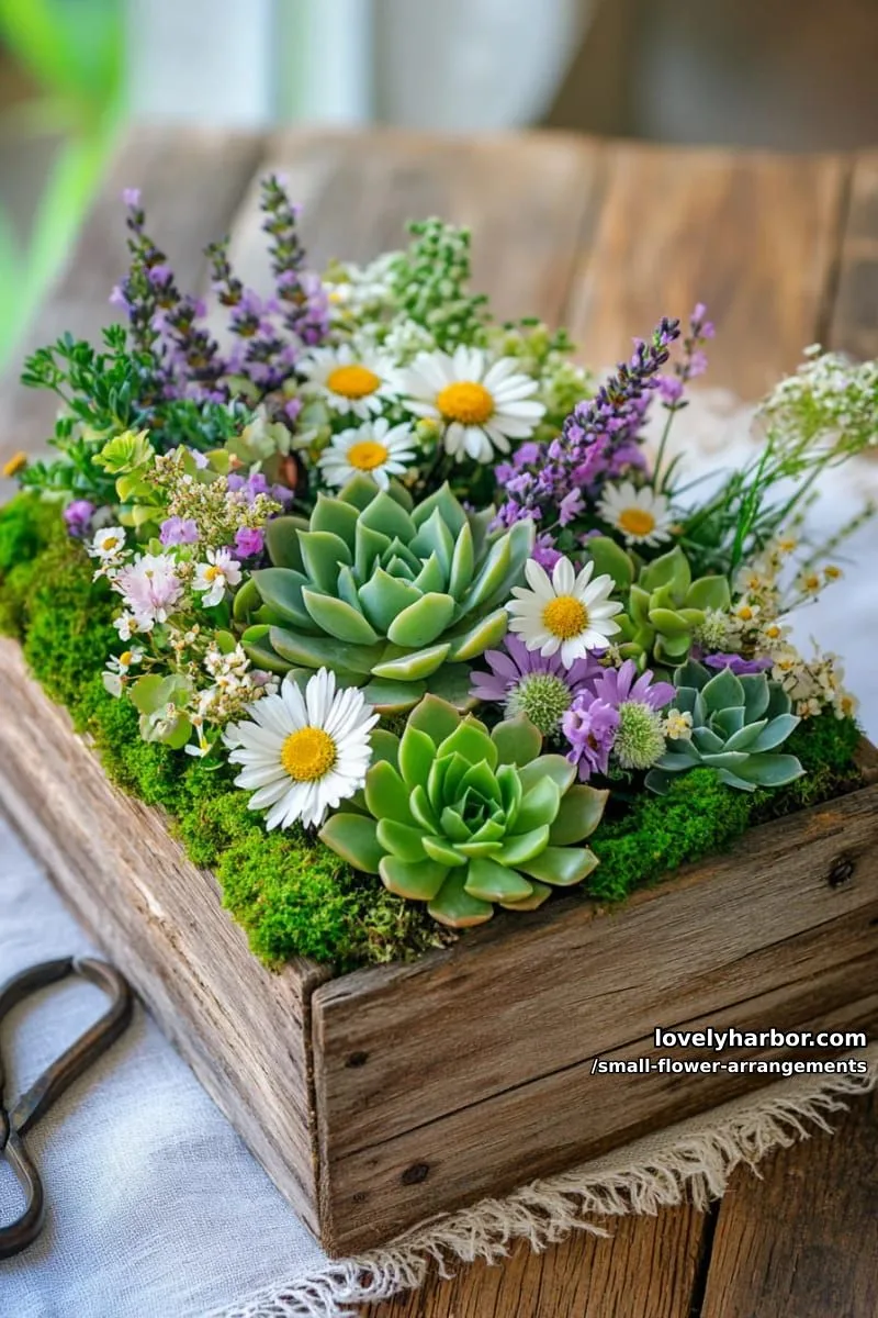 19 Classy Small Flower Arrangements to Cheer You Up in Spring 12 succulent and wildflower pairing inside a rustic wooden box 1