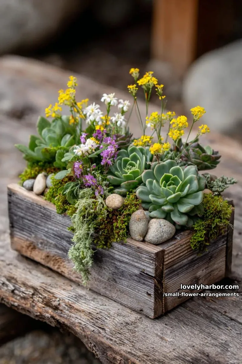 succulent and wildflower pairing inside a rustic wooden box 13