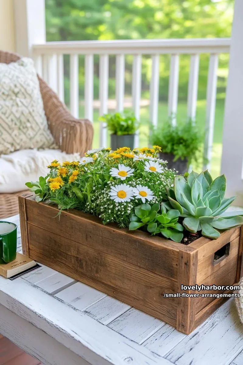19 Classy Small Flower Arrangements to Cheer You Up in Spring 14 succulent and wildflower pairing inside a rustic wooden box 1
