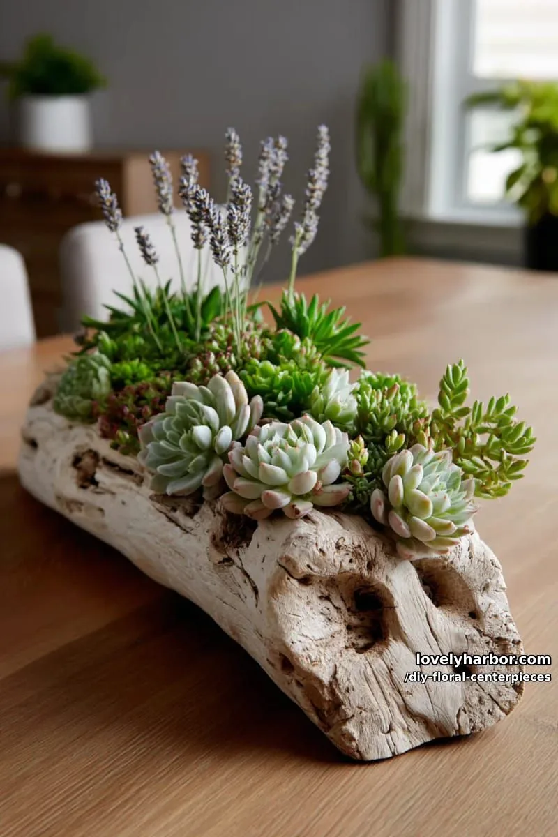 succulents and lavender arranged in driftwood for a boho-chic vibe 1