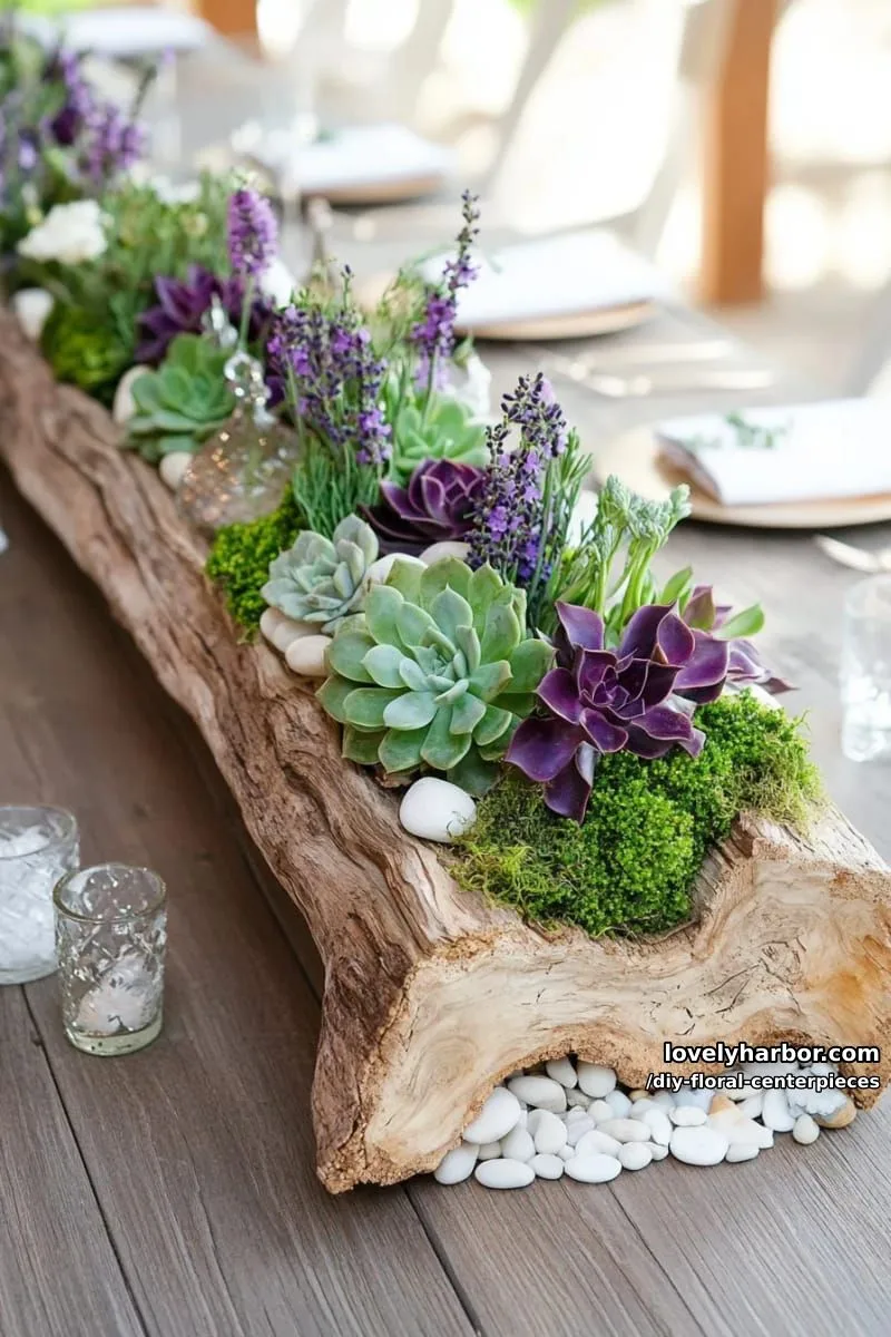 succulents and lavender arranged in driftwood for a boho-chic vibe 1
