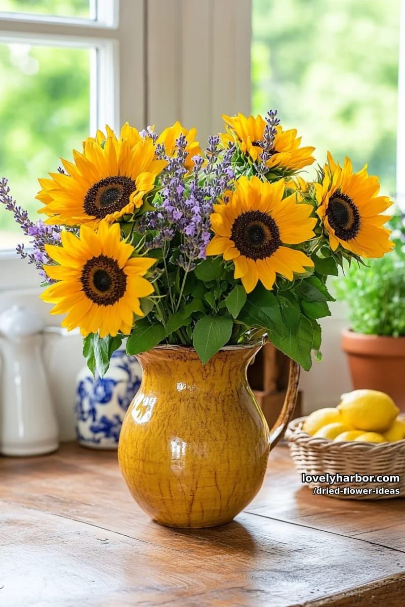 sunflower and lavender dried flower bouquet in a rustic glass vase 1