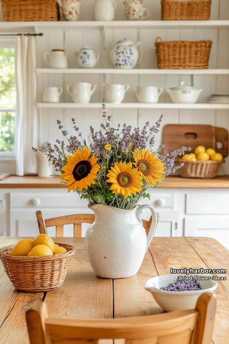sunflower and lavender dried flower bouquet in a rustic glass vase 1