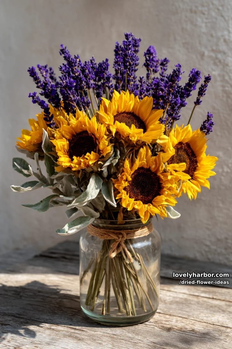sunflower and lavender dried flower bouquet in a rustic glass vase 1