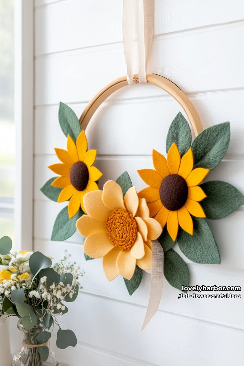 sunflower-inspired felt flower wall art with bold yellow petals and textured centers 1