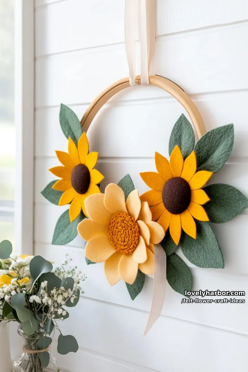 sunflower-inspired felt flower wall art with bold yellow petals and textured centers 1