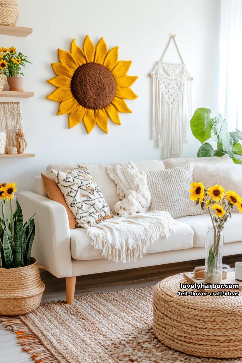 sunflower-inspired felt flower wall art with bold yellow petals and textured centers 1