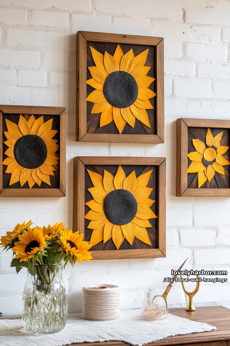 sunflower-inspired framed floral wall art using yellow petals and dark centers 1