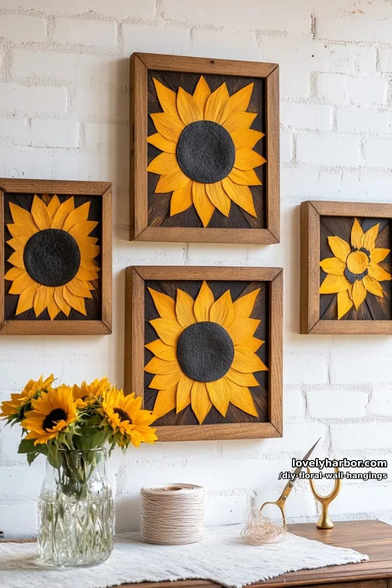 sunflower-inspired framed floral wall art using yellow petals and dark centers 1