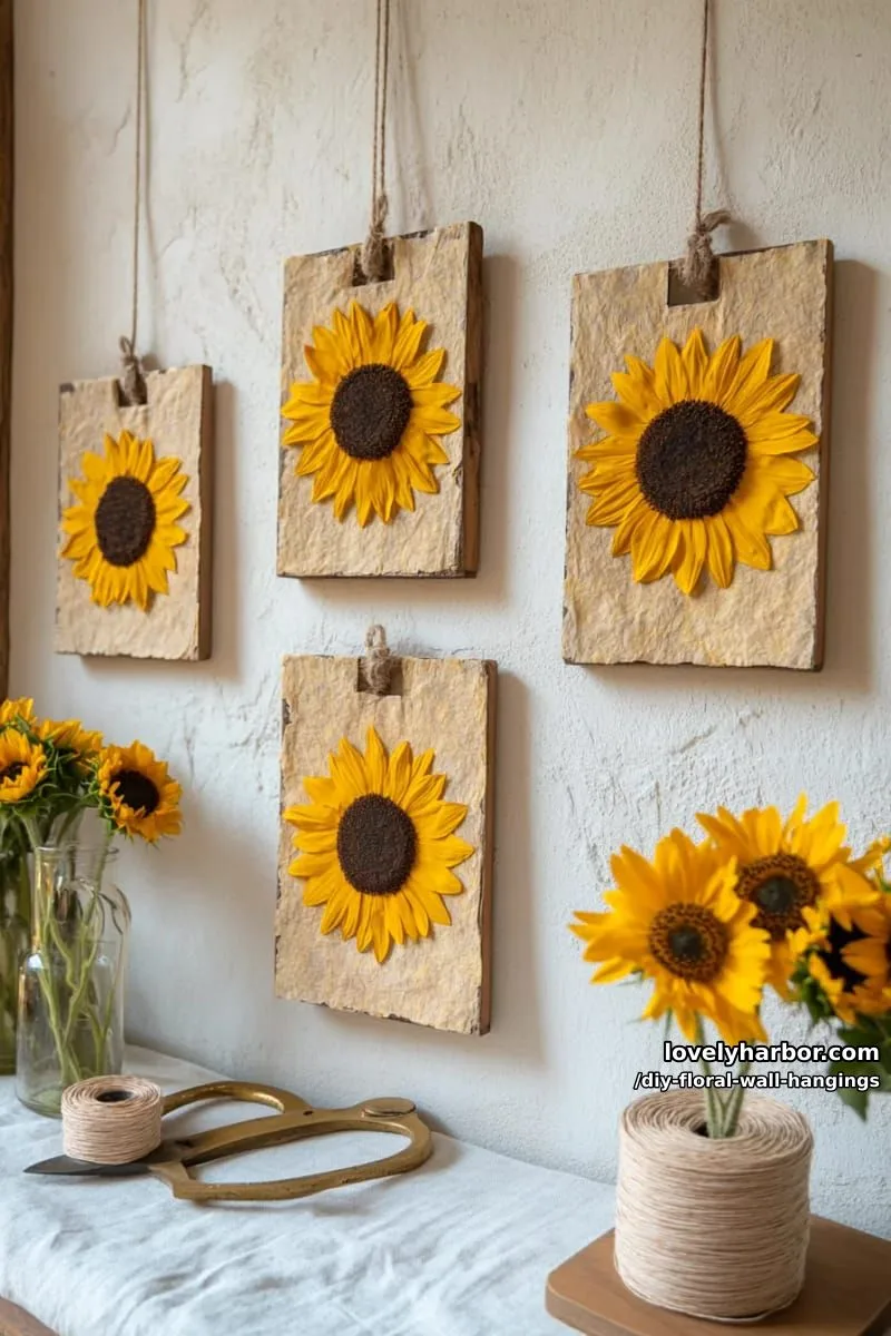 sunflower-inspired framed floral wall art using yellow petals and dark centers 1