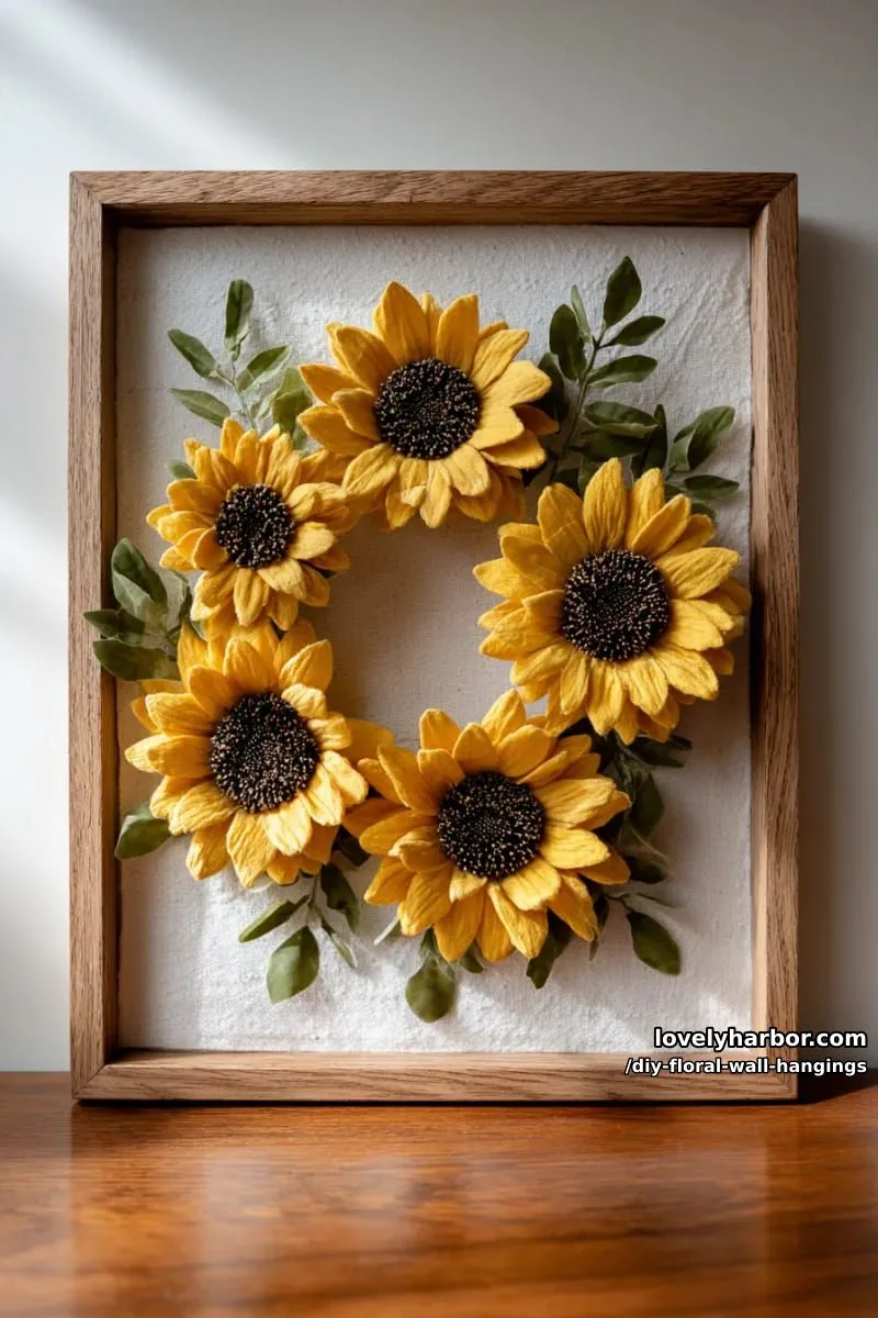 sunflower-inspired framed floral wall art using yellow petals and dark centers 1