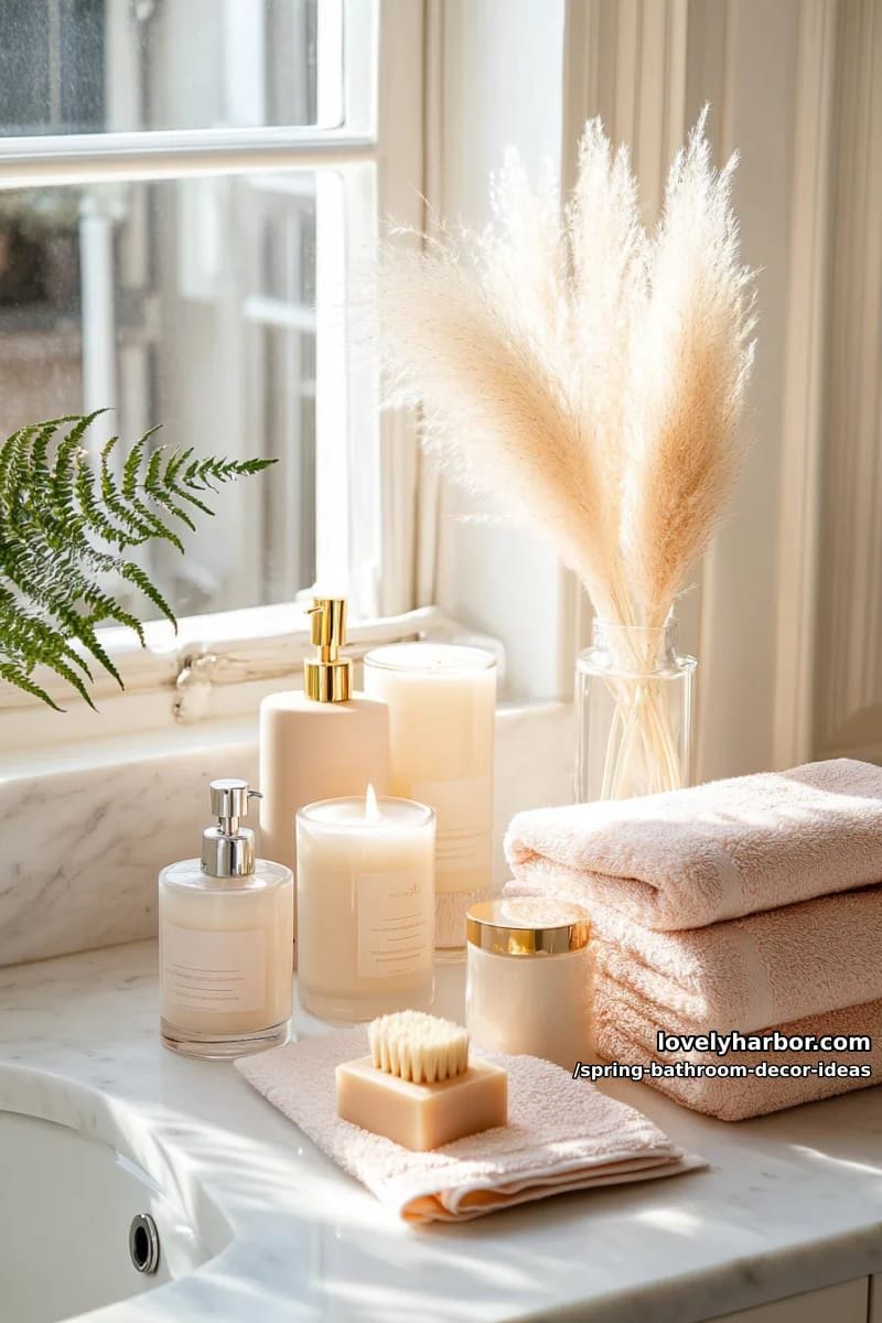 sunlit window ledge with scattered pampas grass and scented candles 1