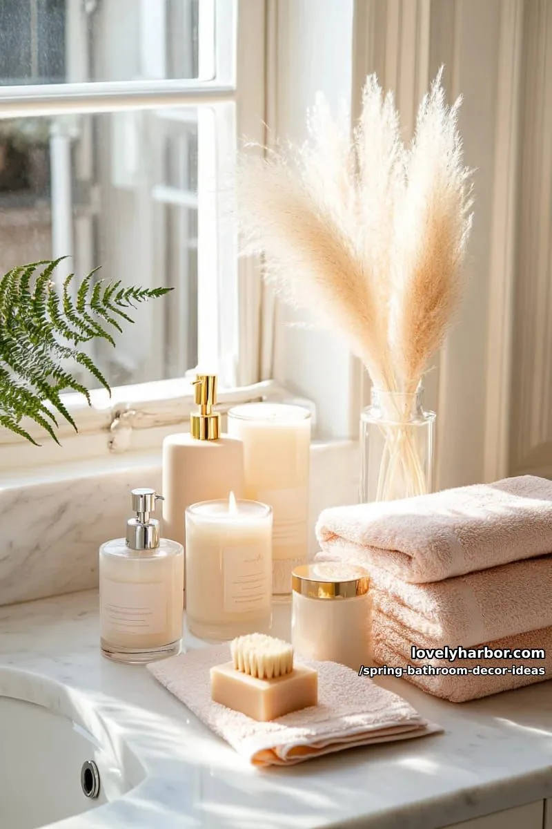 sunlit window ledge with scattered pampas grass and scented candles 1