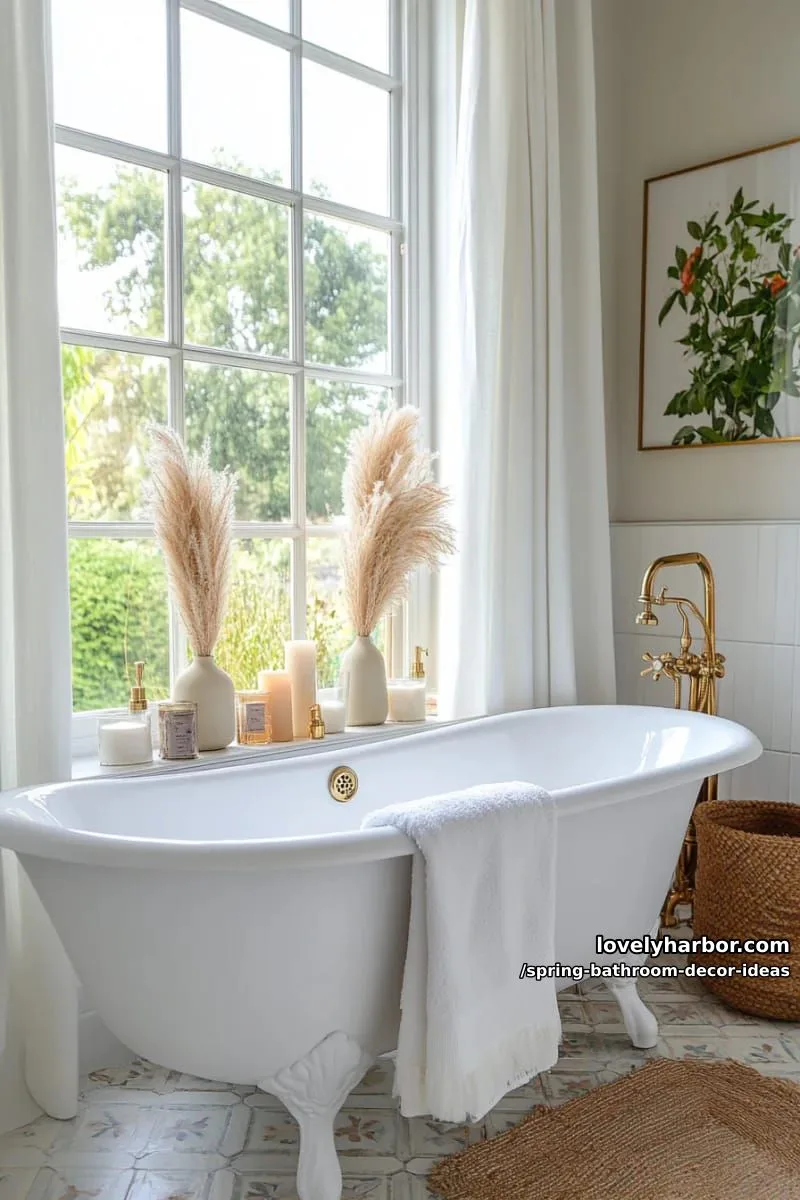 sunlit window ledge with scattered pampas grass and scented candles 1