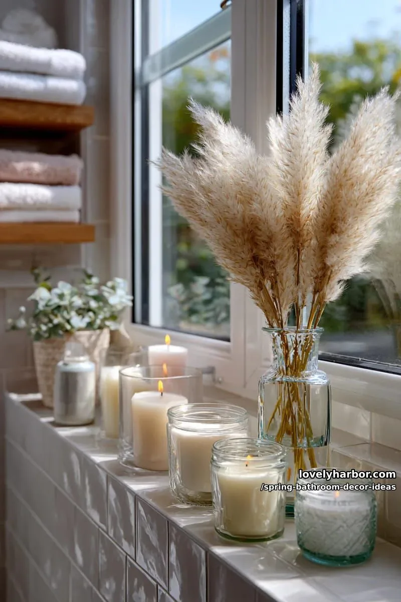 sunlit window ledge with scattered pampas grass and scented candles 1
