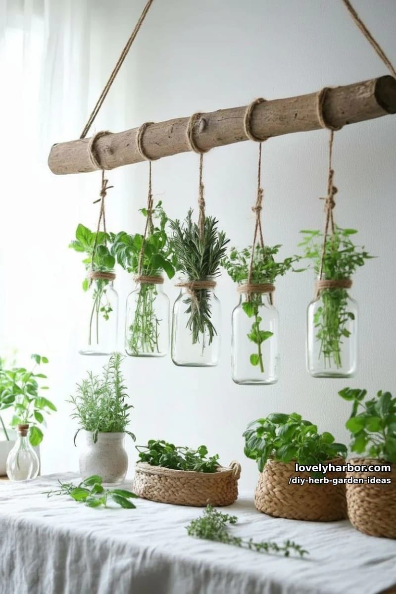 suspend small glass vases from a branch for an artistic herb chandelier. 1