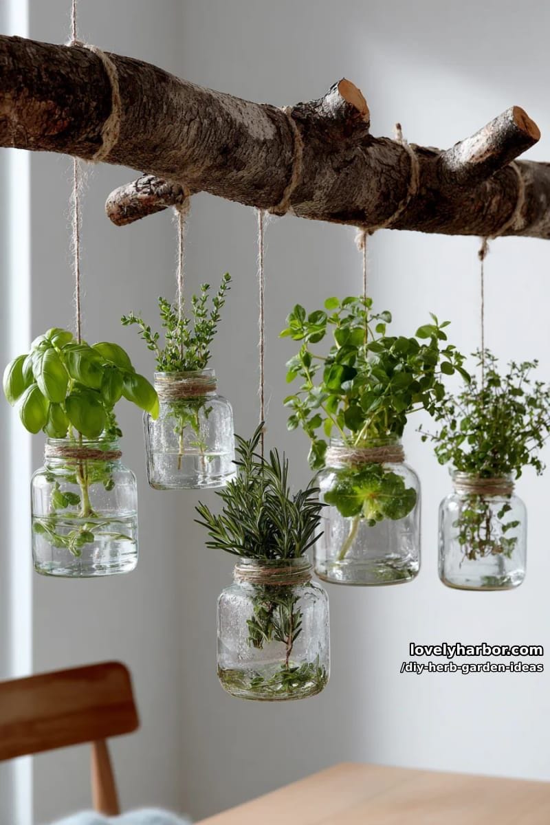 suspend small glass vases from a branch for an artistic herb chandelier. 1