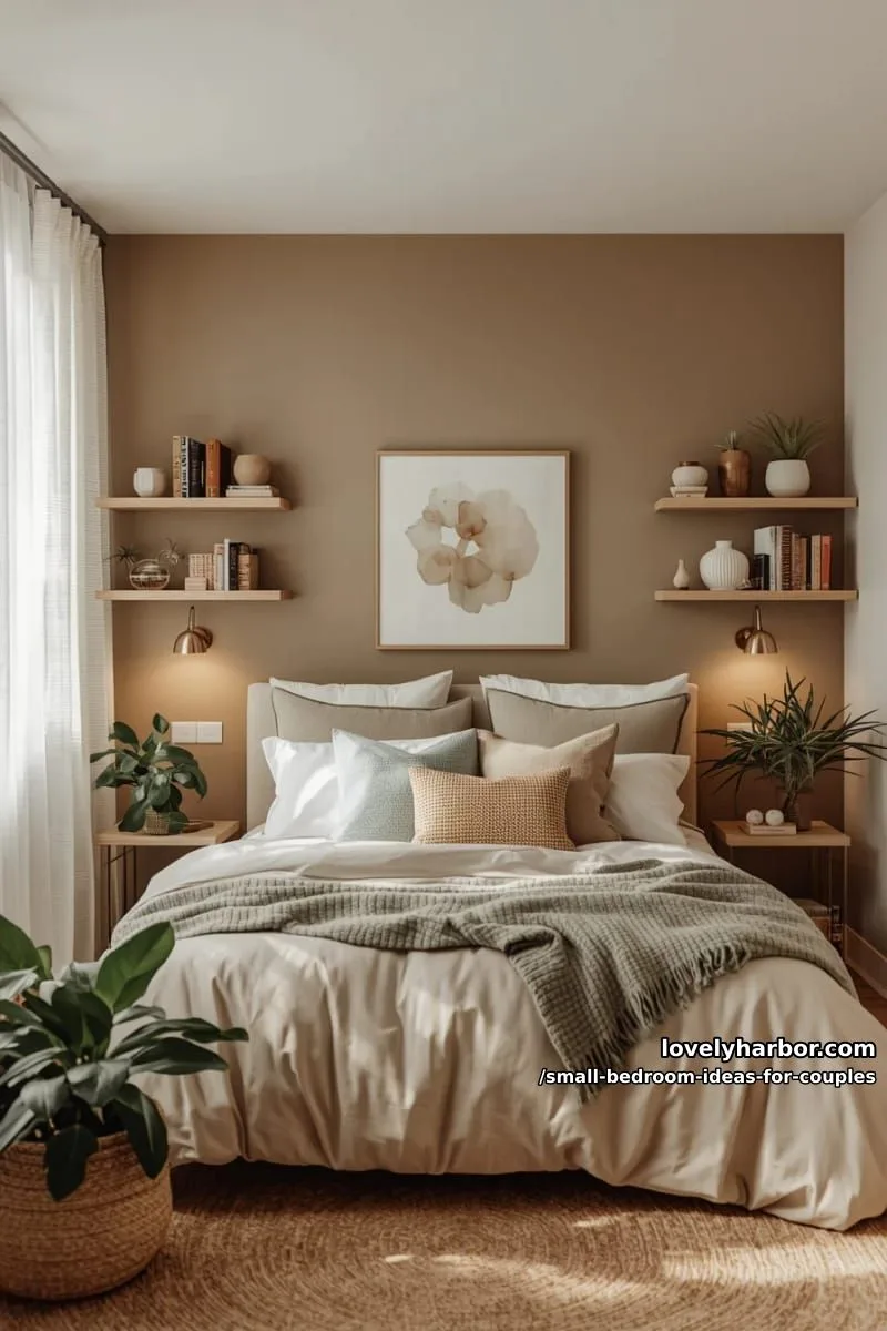 symmetrical wall-mounted lamps and individual floating shelves for each person 1