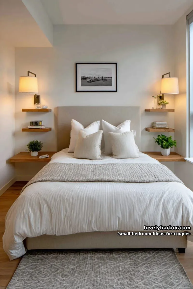 symmetrical wall-mounted lamps and individual floating shelves for each person 1