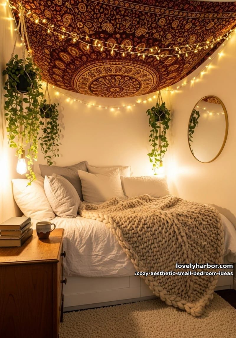tapestry ceiling décor paired with string lights for dreamy vibes 1