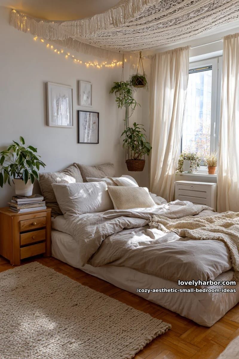 tapestry ceiling décor paired with string lights for dreamy vibes 1