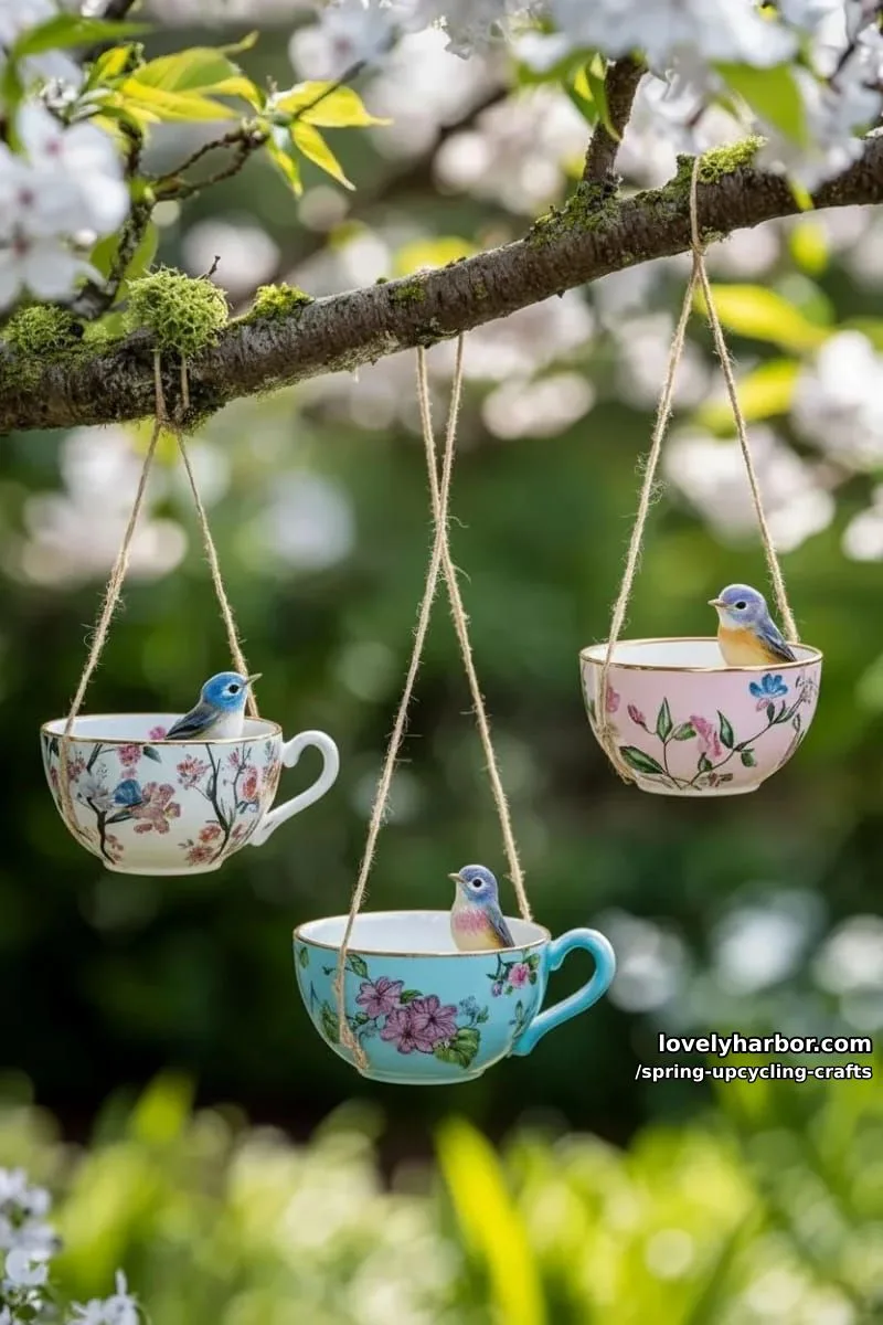 tea cup bird feeders hung on tree branches 1