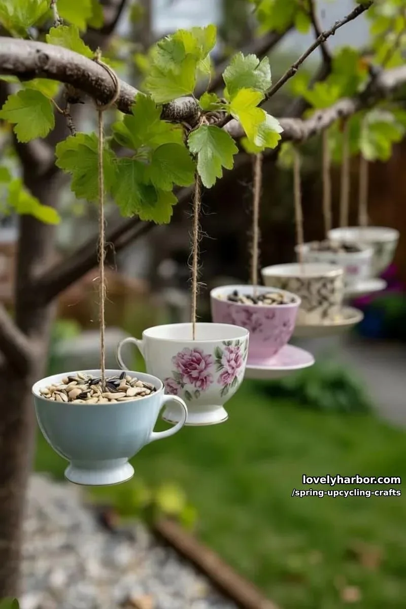 tea cup bird feeders hung on tree branches 1