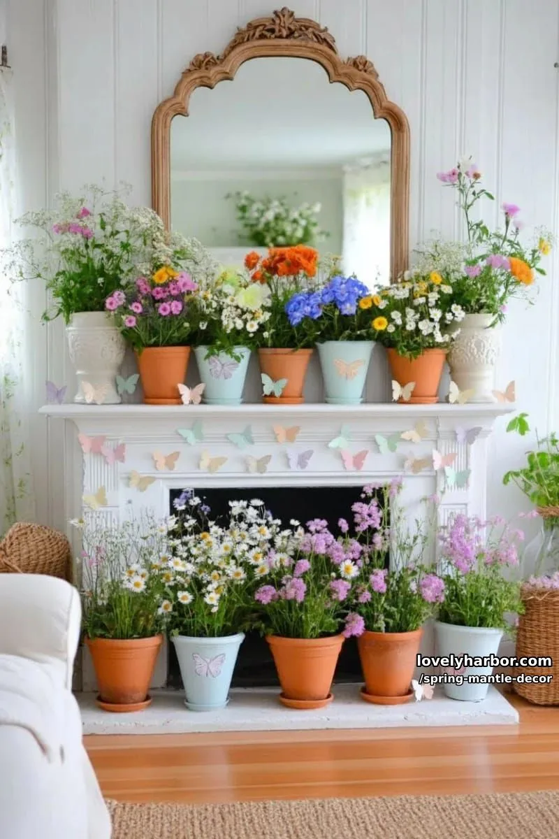 terracotta pots with wildflower arrangements and butterfly cutouts perched atop 13