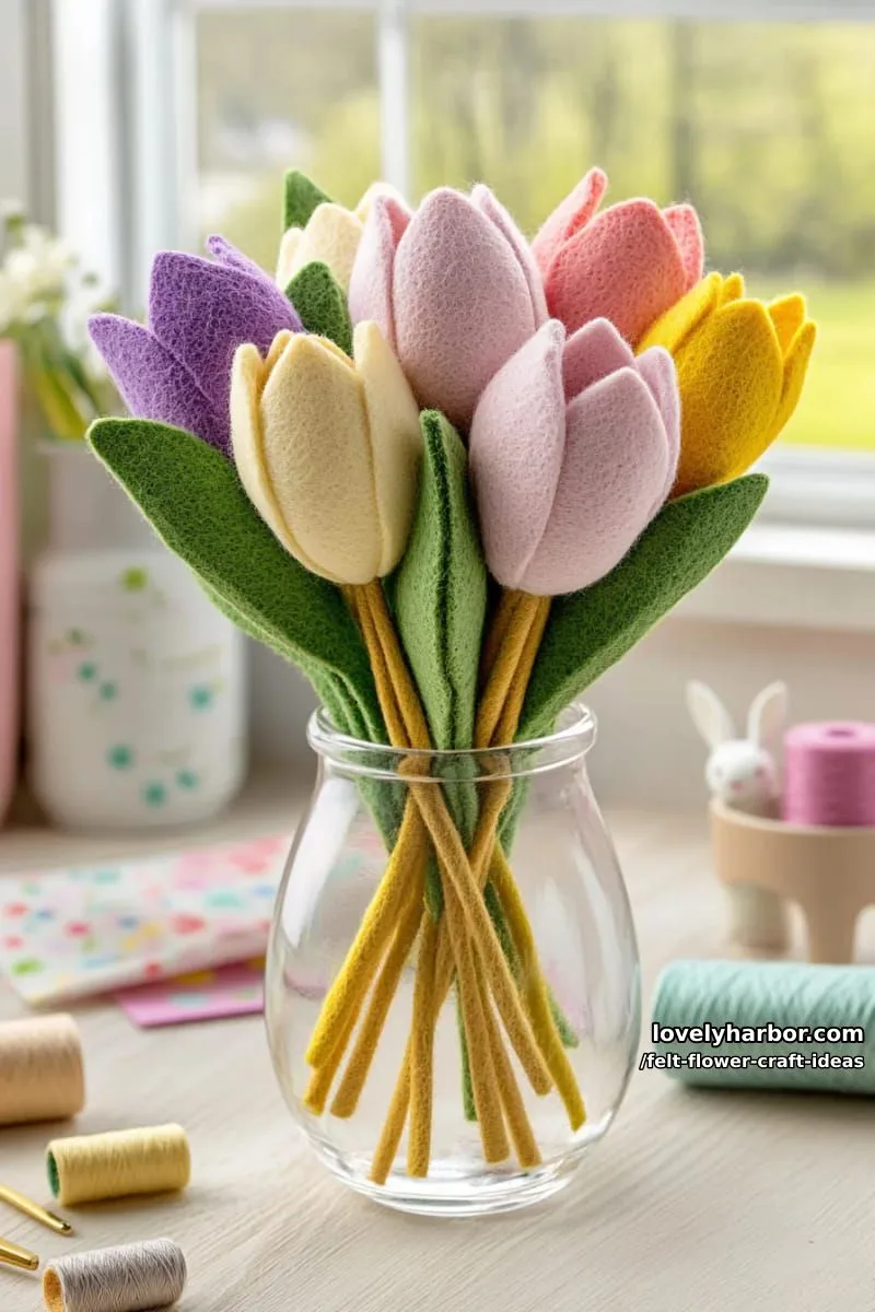 three-dimensional felt tulip centerpiece with multicolored petals 1