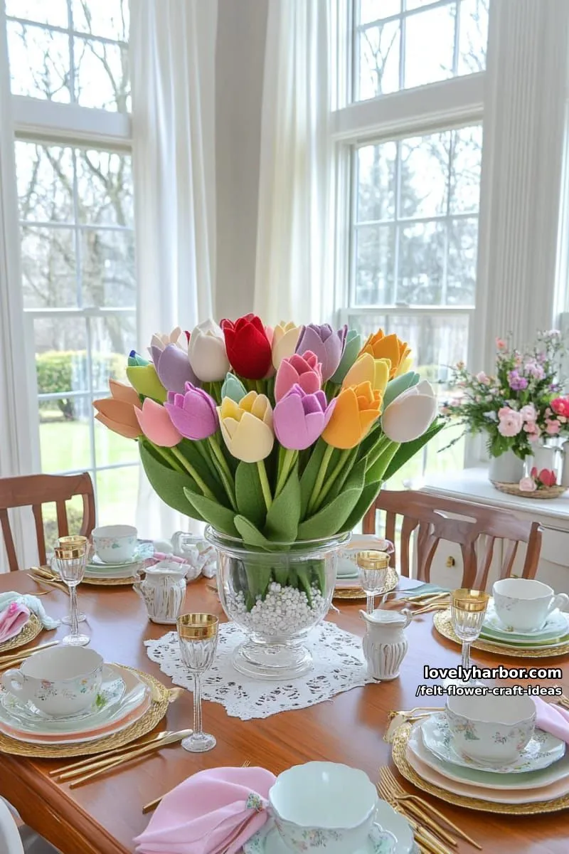 three-dimensional felt tulip centerpiece with multicolored petals 1