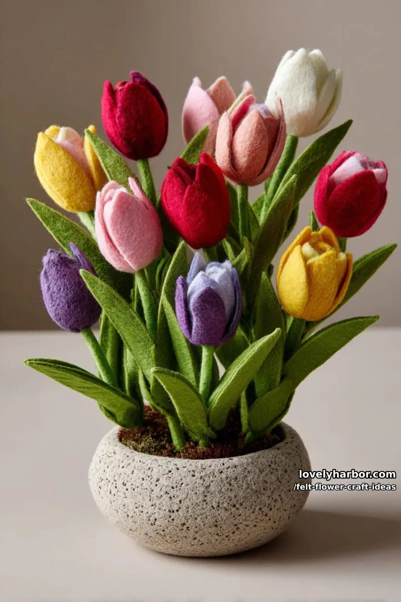 three-dimensional felt tulip centerpiece with multicolored petals 1