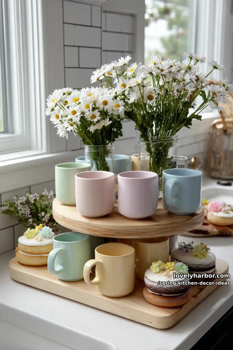 tiered wooden stand with pastel mugs, daisies, and mini cakes 1