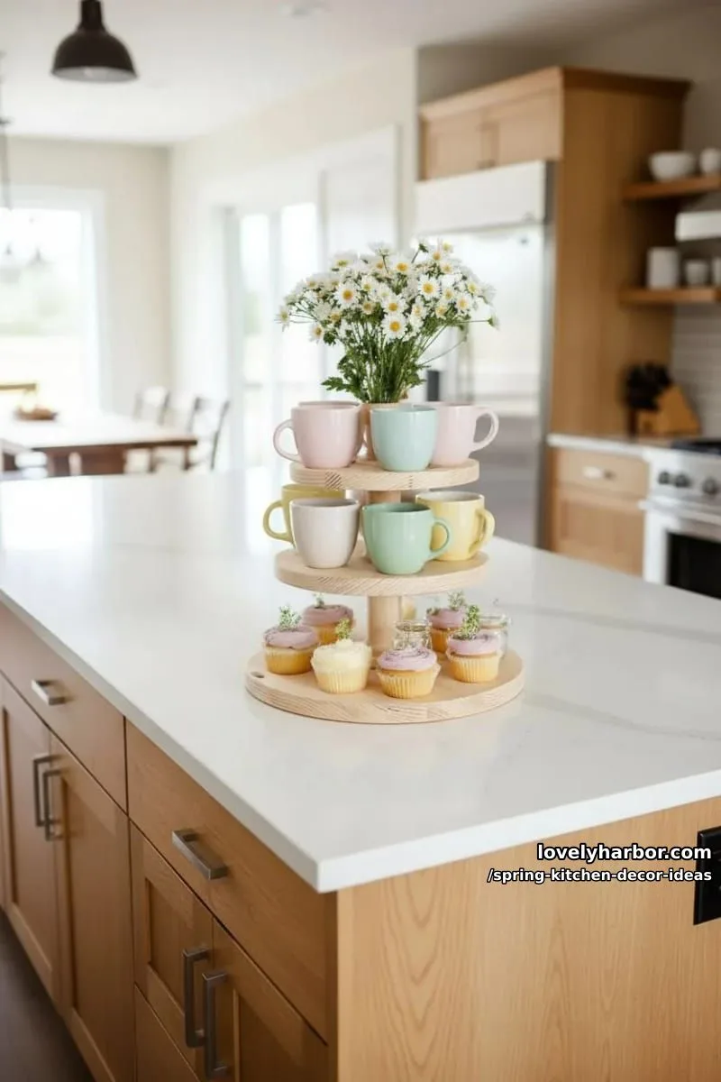 tiered wooden stand with pastel mugs, daisies, and mini cakes 1