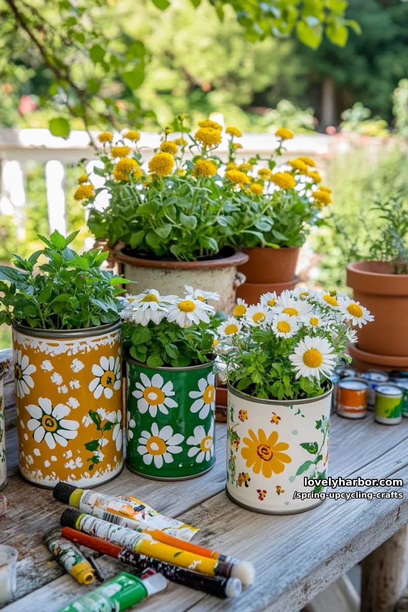 tin can planters painted with daisy and sunflower motifs 1