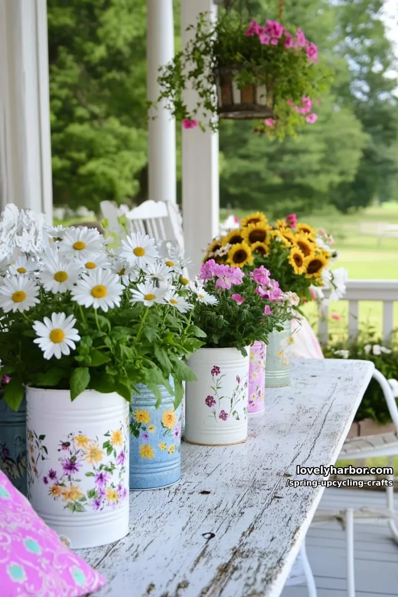 tin can planters painted with daisy and sunflower motifs 1