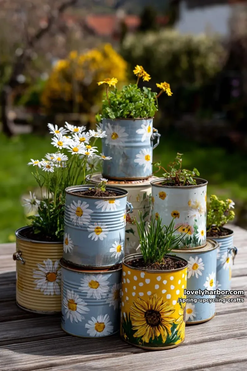 tin can planters painted with daisy and sunflower motifs 1