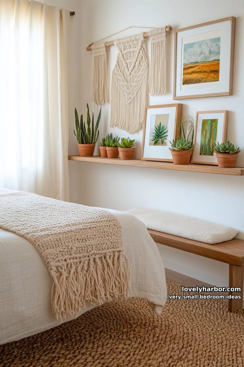 tiny gallery corner with hanging macramé and framed prints 1