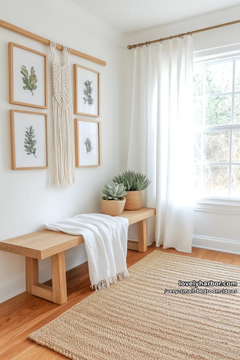 tiny gallery corner with hanging macramé and framed prints 1