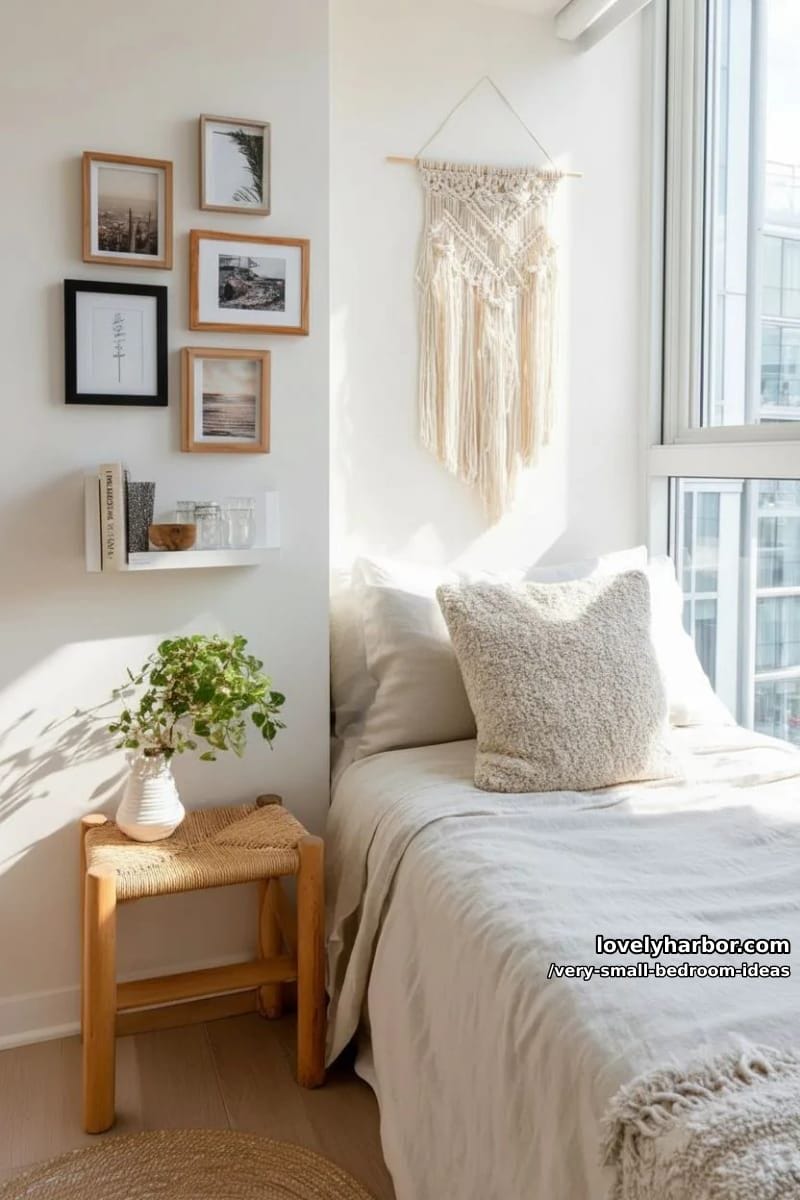 tiny gallery corner with hanging macramé and framed prints 1