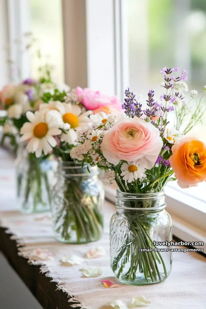 19 Classy Small Flower Arrangements to Cheer You Up in Spring 4 tiny mixed flower bouquets tucked inside glass mason jars 1