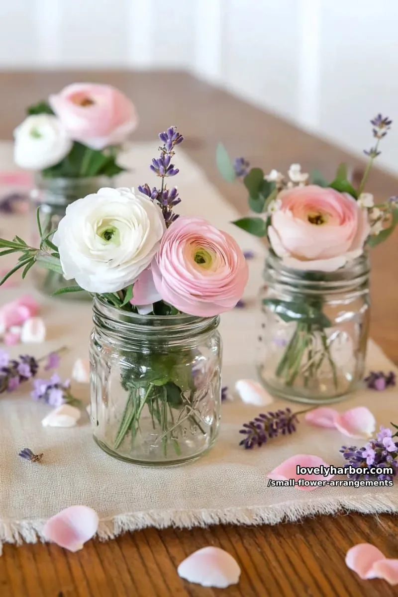 19 Classy Small Flower Arrangements to Cheer You Up in Spring 5 tiny mixed flower bouquets tucked inside glass mason jars 1