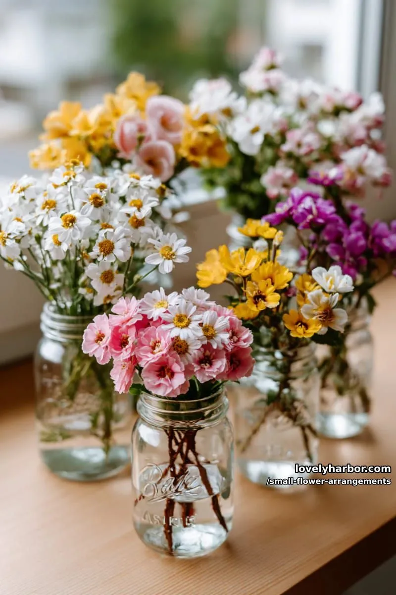 19 Classy Small Flower Arrangements to Cheer You Up in Spring 6 tiny mixed flower bouquets tucked inside glass mason jars 1