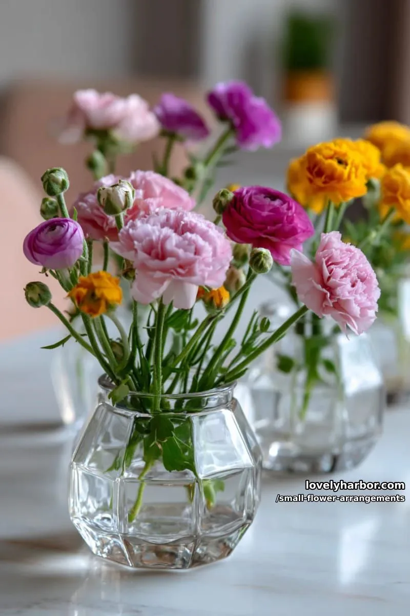 19 Classy Small Flower Arrangements to Cheer You Up in Spring 33 tiny ranunculus and spray carnations in geometric glass vases 1