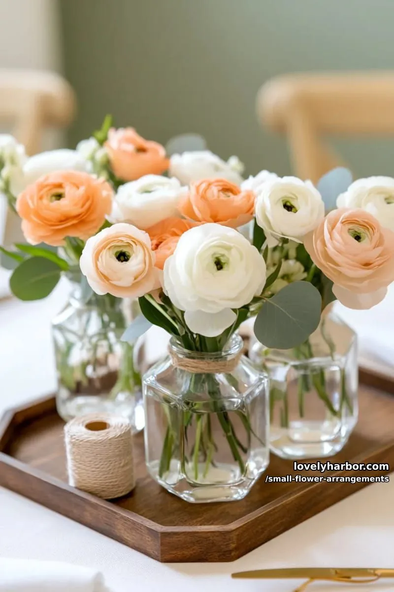 19 Classy Small Flower Arrangements to Cheer You Up in Spring 34 tiny ranunculus and spray carnations in geometric glass vases 1