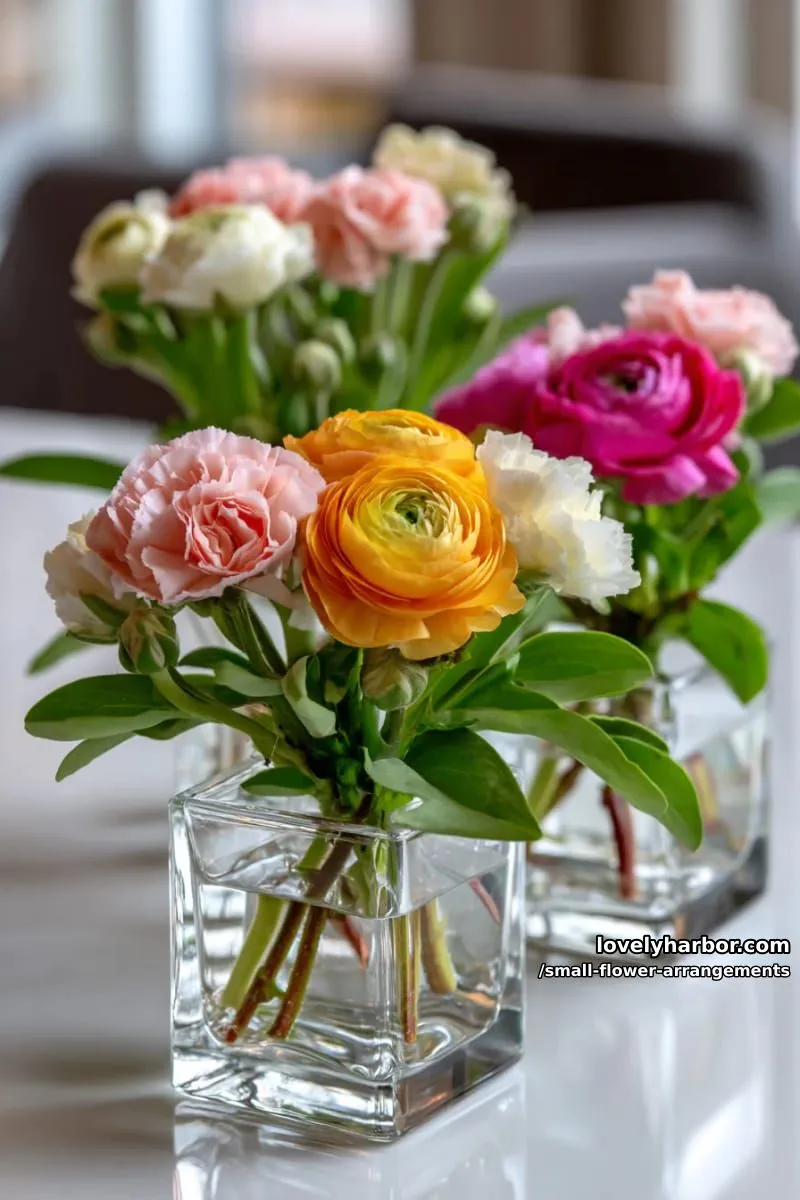 19 Classy Small Flower Arrangements to Cheer You Up in Spring 35 tiny ranunculus and spray carnations in geometric glass vases 1