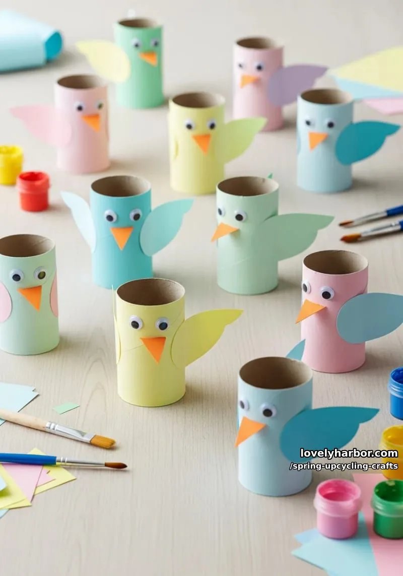 toilet paper roll birds with pastel painted wings and beaks 1
